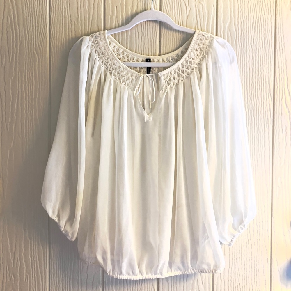 Sheer smocking peasant blouse